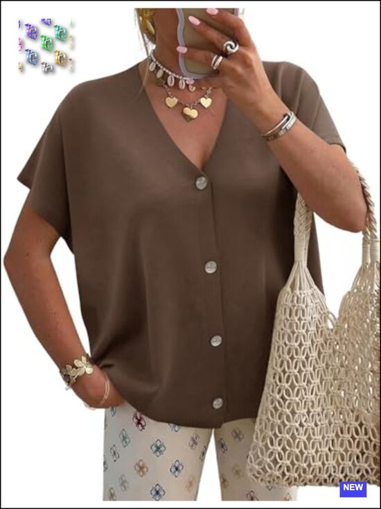 Sweaters - Oversized Short Sleeve V-Neck Cardigan Lightweight Knitted Button Down